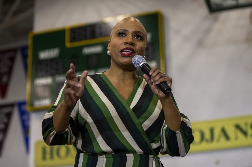Massachusetts Congresswoman Ayanna Pressley speaks to a group of Warren supporters at a campaign event at West High School in Iowa City, Iowa. (Jesse Costa/WBUR)