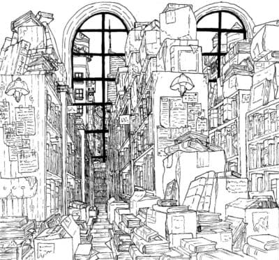 "Book Depository" by u/BenjamintheFox. More at https://www.artstation.com/justinsadur and https://theshutteredcity.tumblr.com/