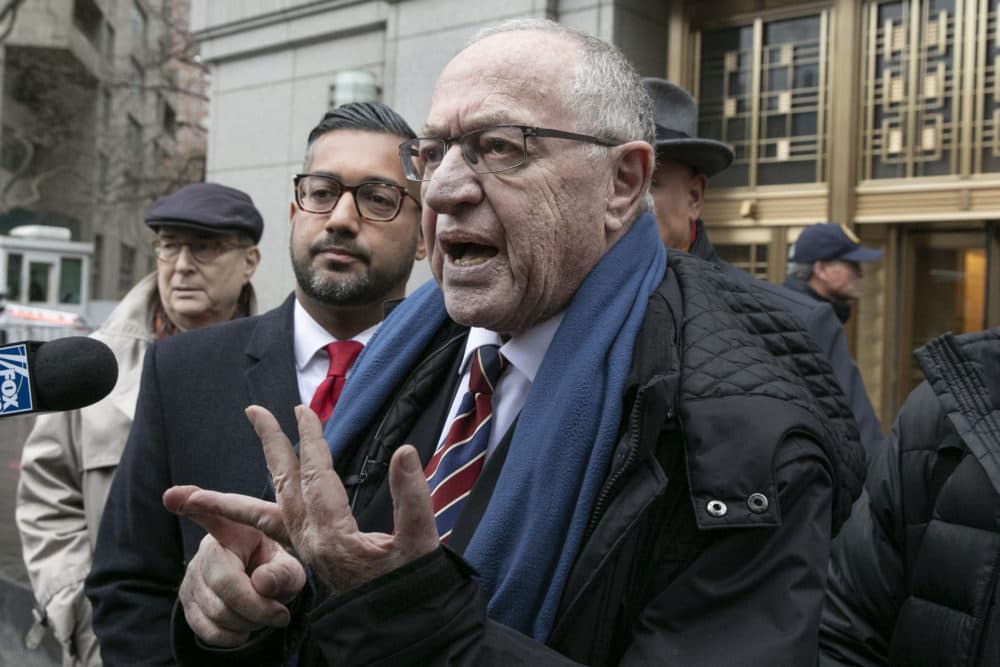 Attorney Alan Dershowitz talks to the press outside federal court, in New York, Monday, Dec. 2, 2019. Dershowitz on Monday attended a court hearing in his ongoing legal battle with Virginia Roberts Giuffre, a woman who claims to have been pressured into having sex with Dershowitz by Jeffrey Epstein when she was 17. She and Dershowitz are suing each other, each claiming the other is lying. (Richard Drew/AP)