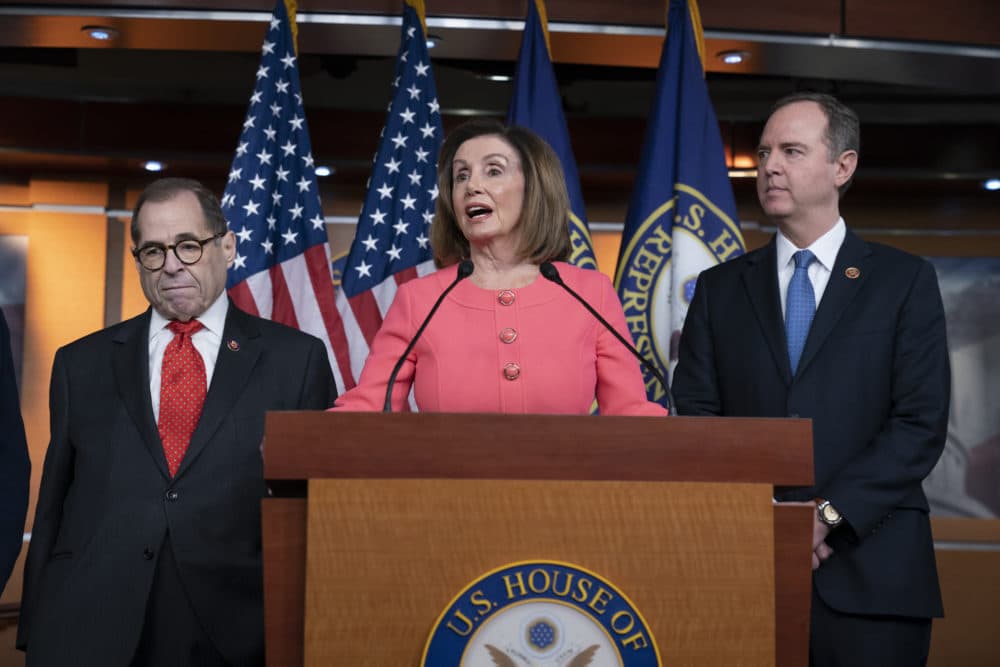 Speaker of the House Nancy Pelosi, flanked by House Judiciary Committee Chairman Rep. Jerrold Nadler, left, and House Intelligence Committee Chairman Adam Schiff, announces impeachment managers at the Capitol in Washington on Jan. 15. (J. Scott Applewhite/AP)