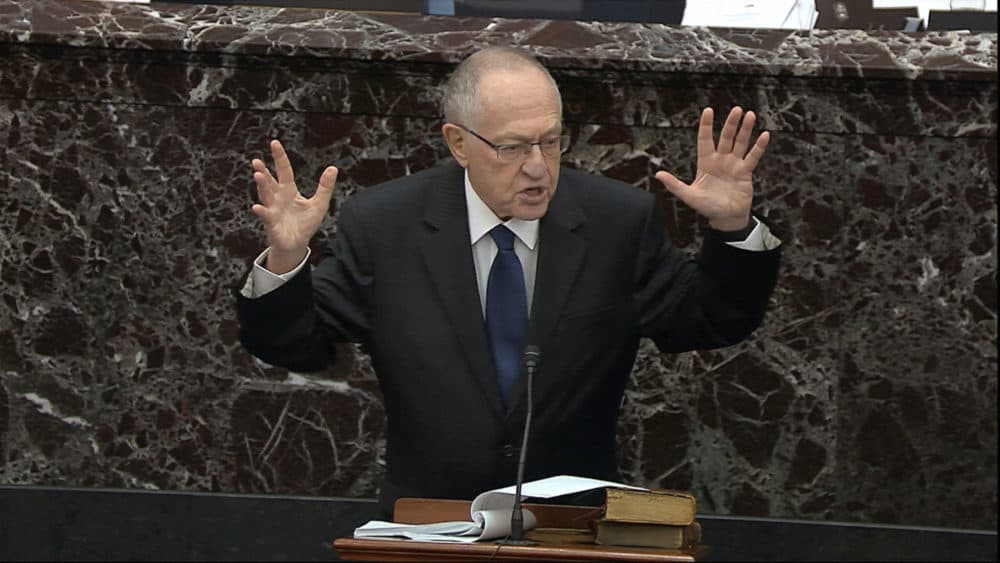 In this image from video, Alan Dershowitz, an attorney for President Donald Trump, speaks during the impeachment trial against Trump in the Senate at the U.S. Capitol in Washington, Monday, Jan. 27, 2020. (Senate Television via AP)