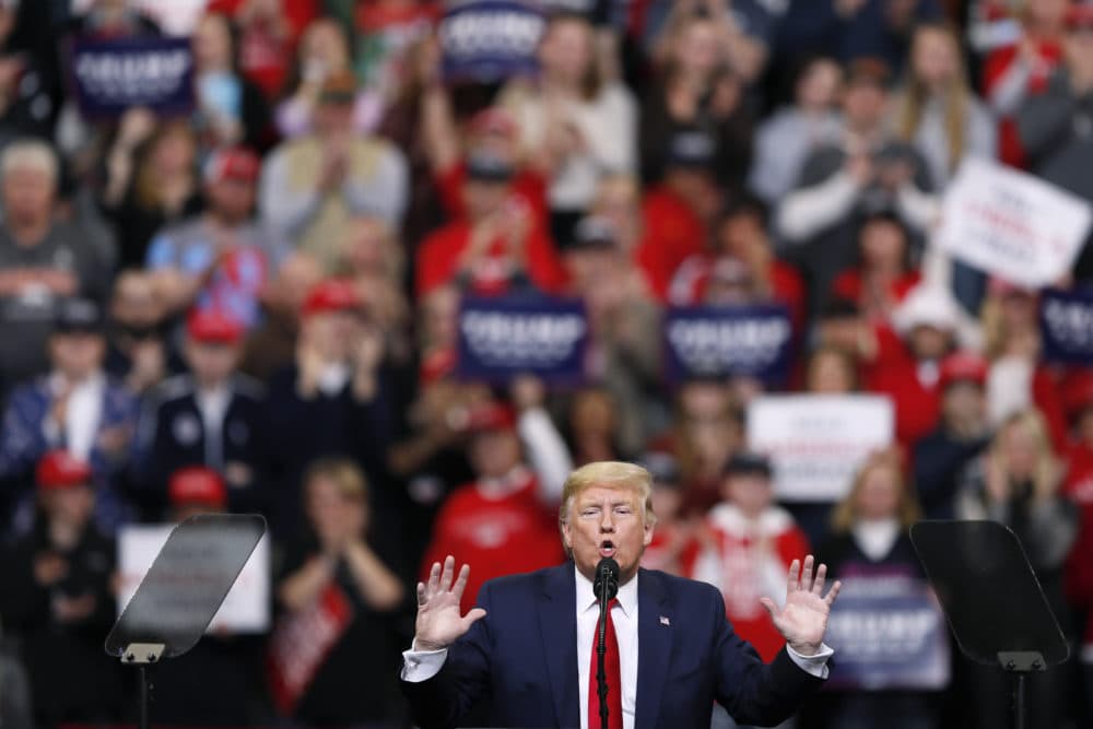 President Donald Trump speaks during a campaign rally at Drake University, Thursday, in Des Moines, Iowa. (Charlie Neibergall/AP)