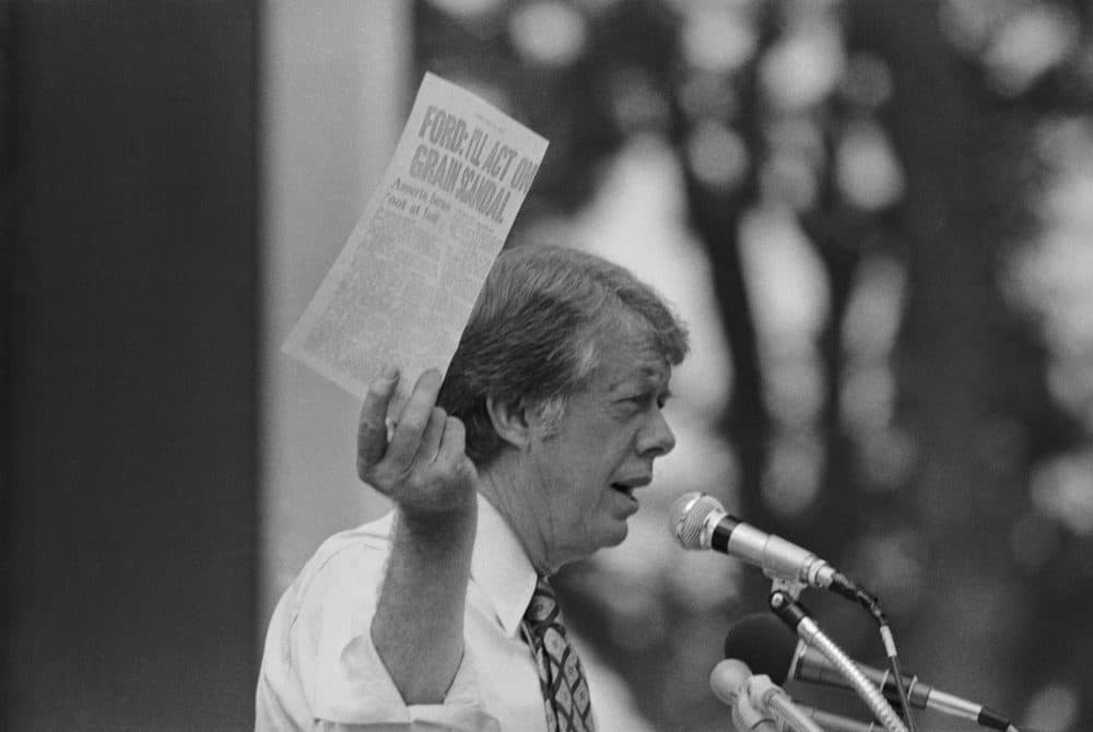 Democratic presidential candidate Jimmy Carter addressed a crowd on August 25, 1976 in Des Moines at the Iowa State Fair on his two-day Iowa campaign tour. (AP Photo)
