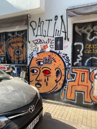 After the police shot protesters’ eyes with rubber bullets, the eye became a symbol of the uprising. (Amelia Mason/WBUR)