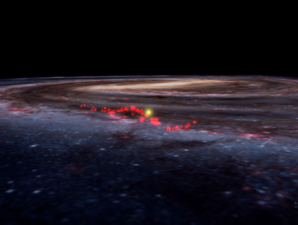 Harvard scientists detail the discovery of the "Radcliffe Wave," a structure made of continuous gas clouds in the Milky Way, in a new paper published in Nature. Here is the Radcliffe wave superimposed on an artist’s rendering of Milky Way galaxy, taken from the Worldwide Telescope. (Courtesy Alyssa Goodman/Harvard University)
