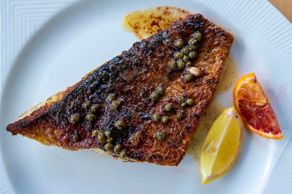 Red snapper with blood oranges and brown butter.  (Jesse Costa / WBUR)