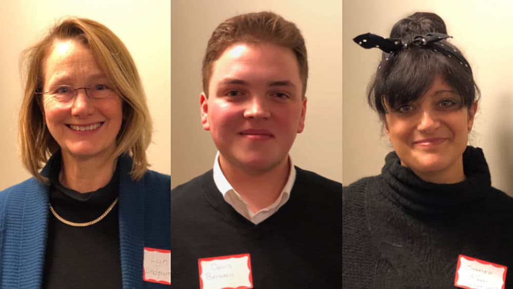 New Hampshire voters: Lyn Lindpaintner (left), Davis Bernstein (center) and Somayeh Kashi (right). (Here & Now)
