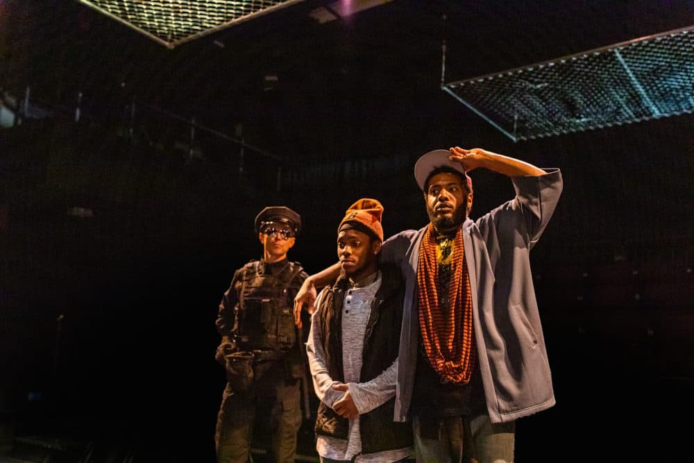Lewis D. Wheeler, Hubens "Bobby" Cius and Kadahj Bennett in SpeakEasy Stage's production of "Pass Over." (Courtesy Nile Scott Studios)