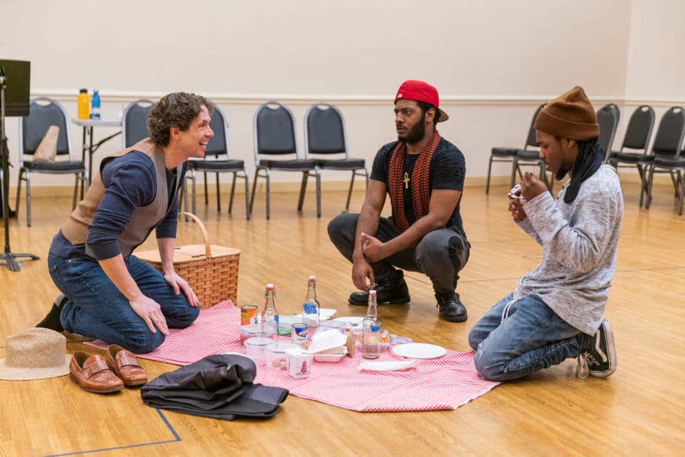 Lewis D. Wheeler, Kadahj Bennett and Hubens "Bobby" Cius in rehearsal for SpeakEasy's "Pass Over." (Courtesy Nile Scott Studios)