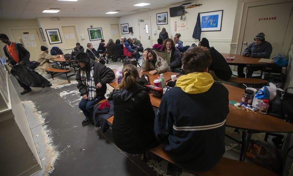 On a frigid day, the South Middlesex Opportunity Council (SMOC) homeless shelter at Queen Street in Worcester opened early to allow to guests to get out of the cold. (Jesse Costa/WBUR)