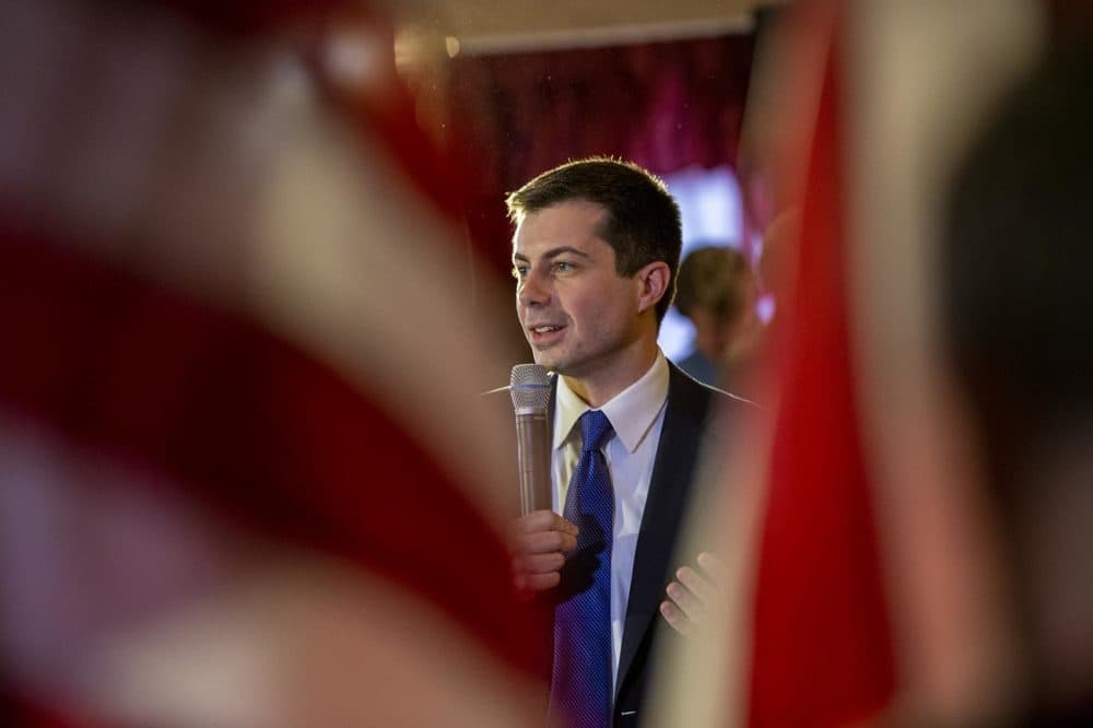 Buttigieg speaks to a room full of veterans at the Merrimack American Legion Post 98 in Merrimack, N.H. (Jesse Costa/WBUR)