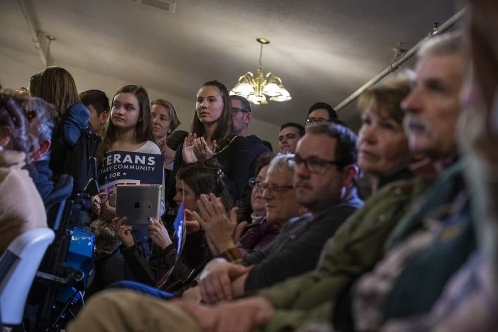 Supporters jammed the tiny Merrimack American Legion Post 98 to hear presidential candidate Pete Buttigieg speak. (Jesse Costa/WBUR)