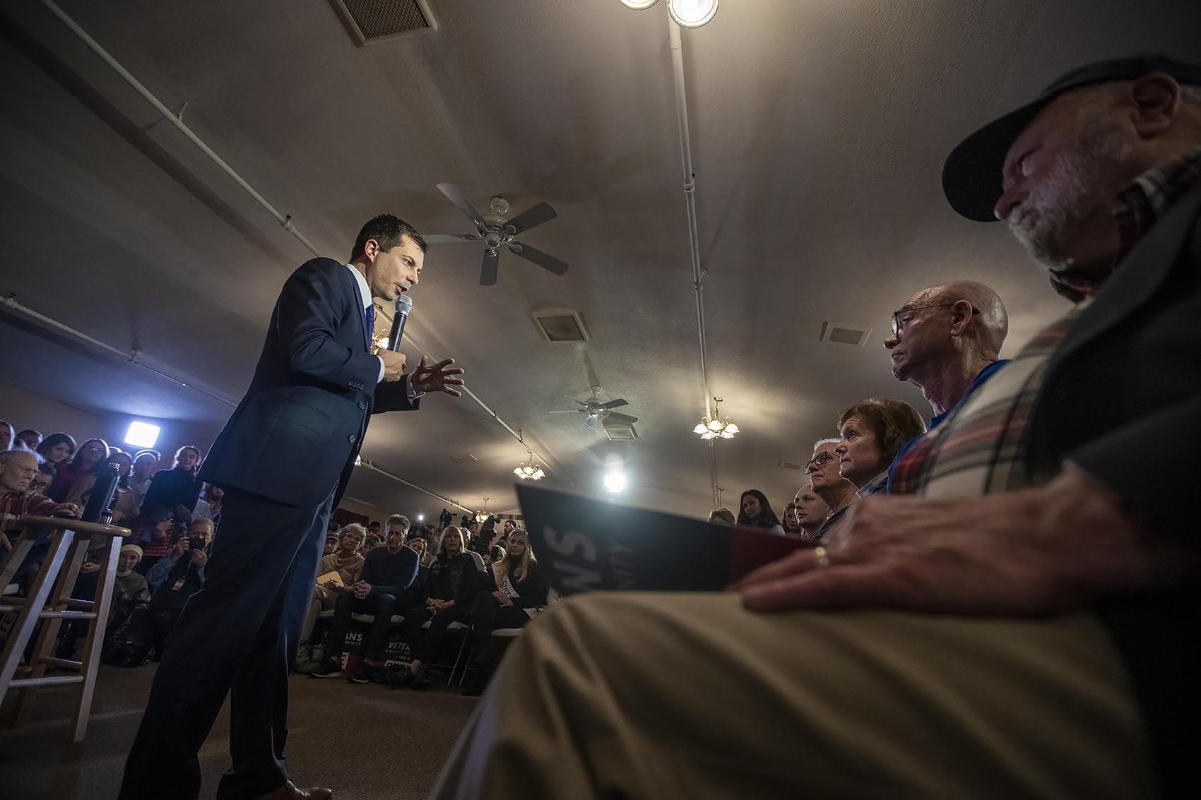 Presidential candidate Pete Buttigieg speaks to a room full of veterans at the Merrimack American Legion Post 98 in Merrimack, N.H. (Jesse Costa/WBUR)