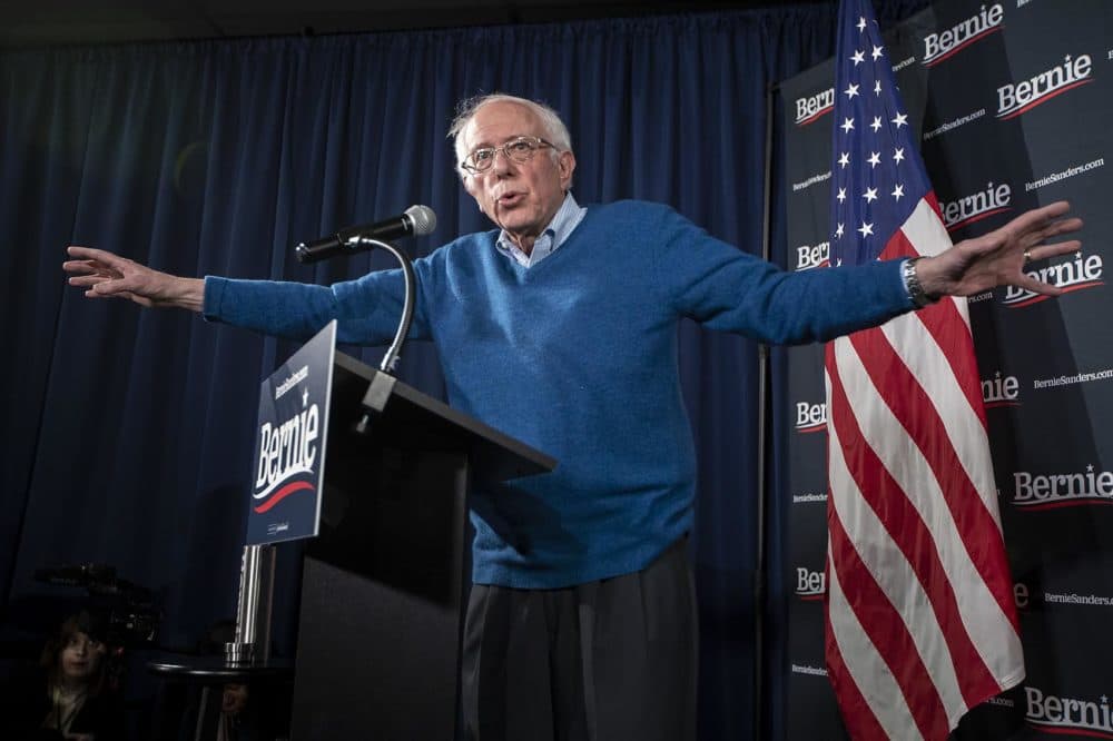 Sanders speaks to the media about the caucus results in Iowa at his headquarters in Manchester, N.H. (Jesse Costa/WBUR)