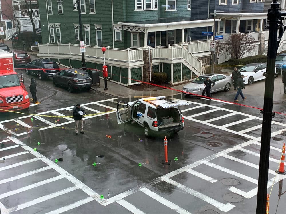 The scene where Juston Root was shot outside Brigham & Women's Hospital in Boston is shown on Feb. 7. (Steve Brown/WBUR)