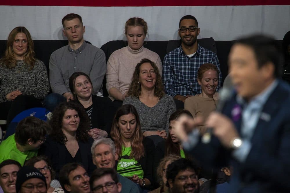 The audience laughs at a joking statement made by Yang at the Our Rights, Our Courts Presidential Forum at the New Hampshire Technical Institute in Manchester, NH. (Jesse Costa/WBUR)