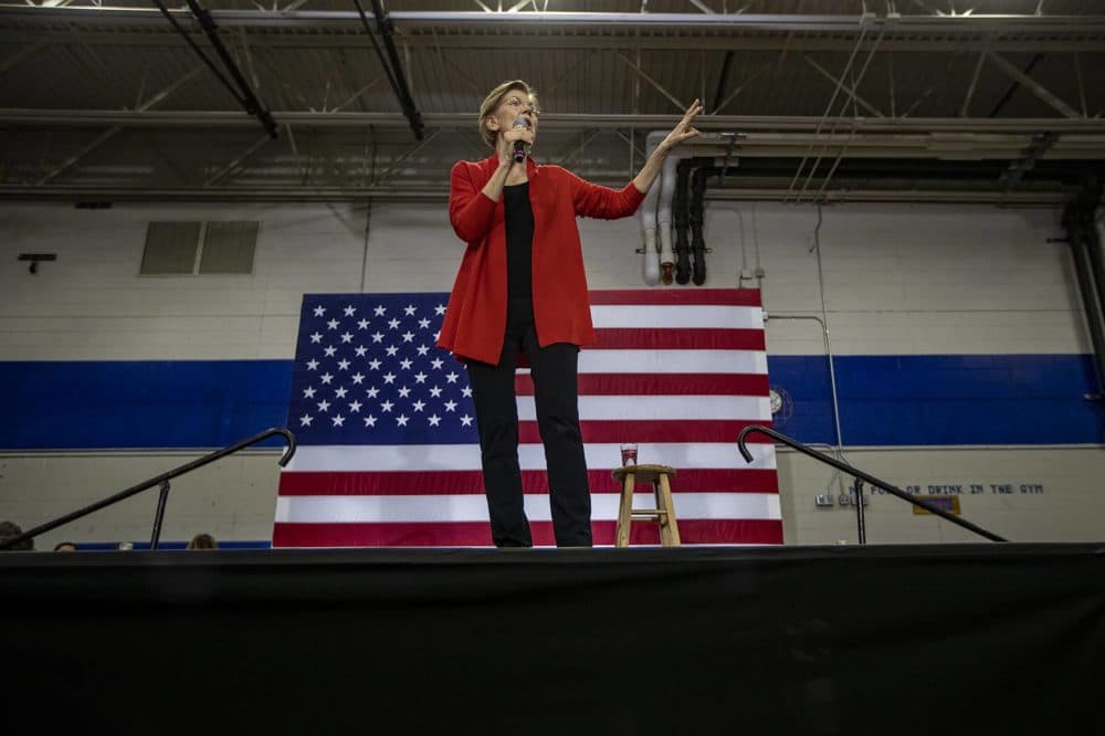Elizabeth Warren speaks at a campaign event at  Rundlett Middle School in Concord, NH. (Jesse Costa/WBUR)