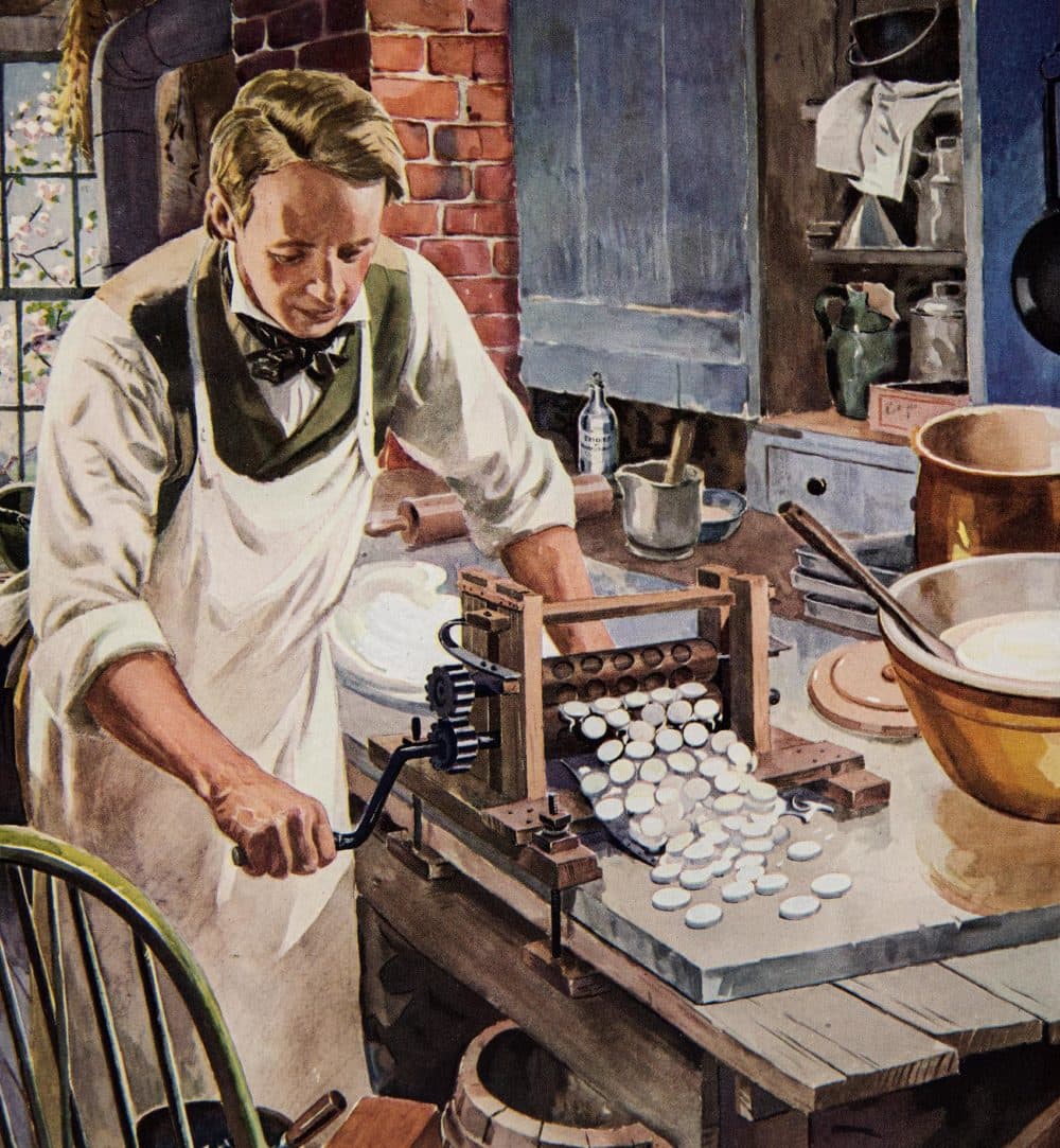 Oliver Chase and his first lozenge machine in 1847. (Courtesy Cambridge Historical Commission)