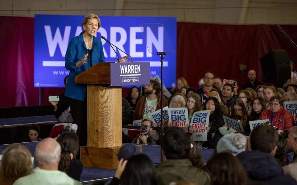 Elizabeth Warren speaks to supporters in N.H. before primary votes are counted and her fourth-place loss is declared. (Robin Lubbock/WBUR)