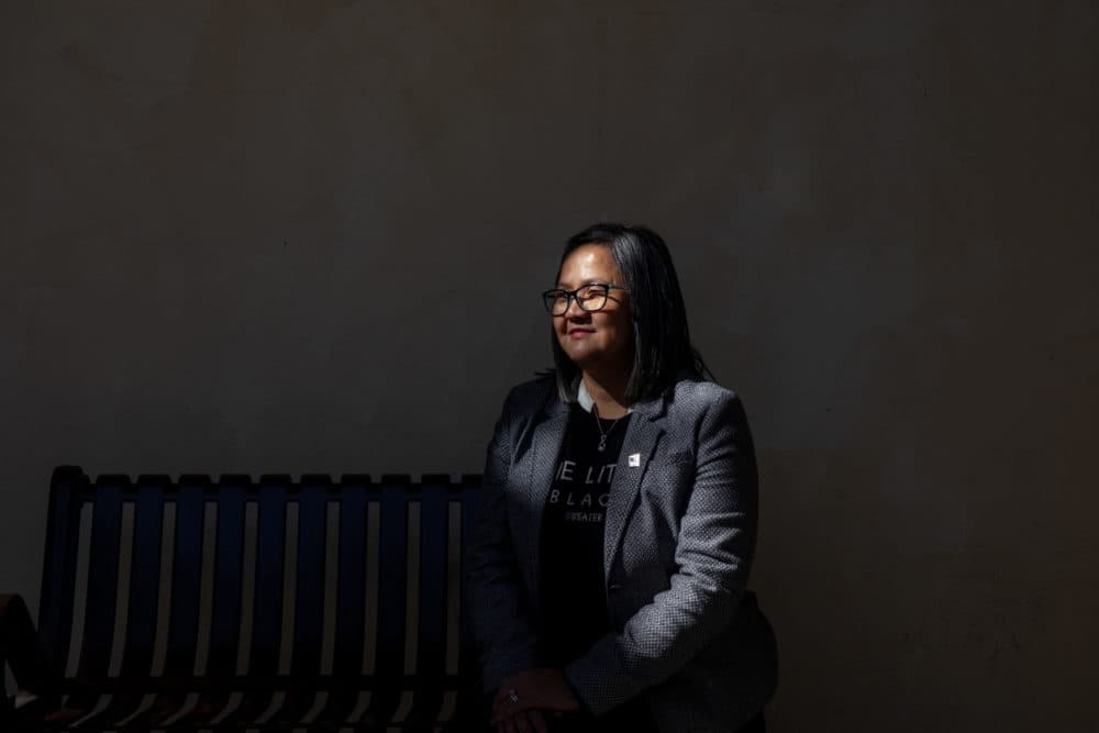 Grace Vergara-Mactal, executive director at the SEIU Nevada Local 1107 sits down for a talk with Peter O'Dowd in Las Vegas, Nevada on Feb. 20, 2020. (Krystal Ramirez for Here & Now)