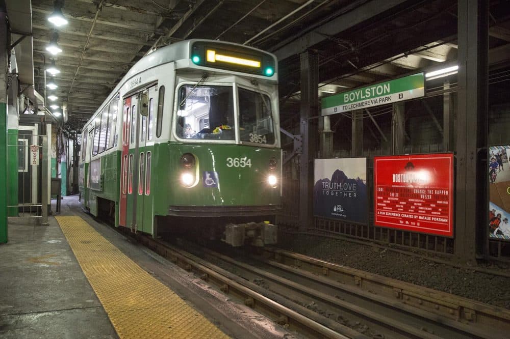 MBTA Green Line train at Boylston Station. (Robin Lubbock/WBUR)