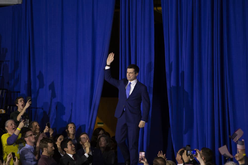 Buttigieg at his primary night rally at Nashua Community College in New Hampshire. (Joe Difazio for WBUR)