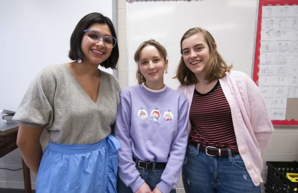 Mira Bohannan Kumar, Maria Buri and Daphne Knoop of the Iowa City High School caucus club. They'll be caucusing for the first time in 2020. (Chris Bentley/Here & Now)
