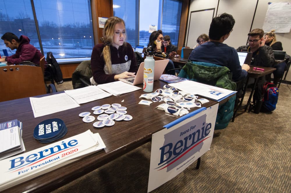 Volunteers for the 2020 presidential campaign of Vermont Senator Bernie Sanders at a phone banking event at the University of Iowa in Iowa City, six days before the Iowa caucuses. (Chris Bentley/Here & Now)