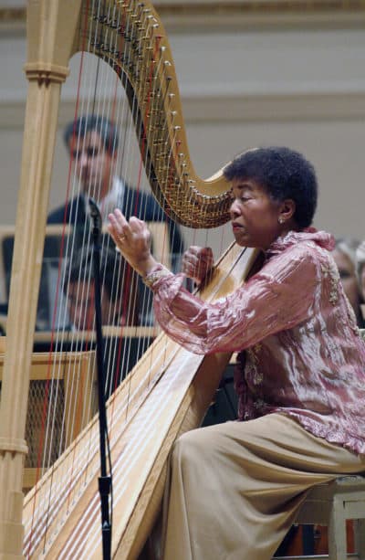 Ann Hobson Pilot performs on the harp, accompanied by the Boston Symphony Orchestra during the opening night gala of Carnegie Hall's 119th season in New York, Thursday, Oct., 1, 2009. (Stuart Ramson/AP)