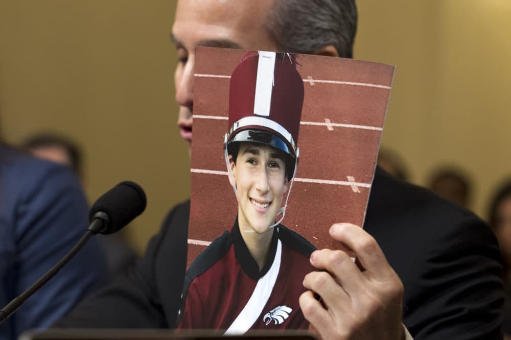 Max Schachter holds a picture of his son Alex as he testifies before the House Homeland Security subcommittee hearing on school security. (Jose Luis Magana/AP)
