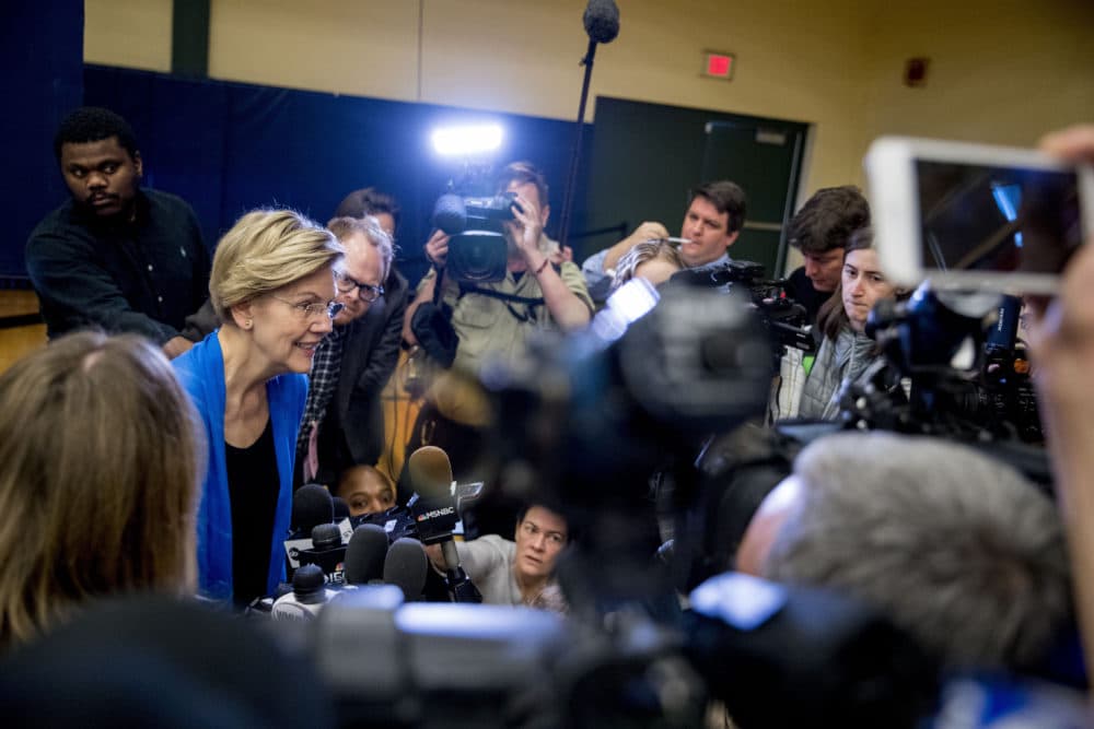 Democratic presidential candidate Sen. Elizabeth Warren, D-Mass., speaks to member of the media at a campaign stop at Nashua Community College, Wednesday, Feb. 5, 2020, in Nashua, N.H. (Andrew Harnik/AP)