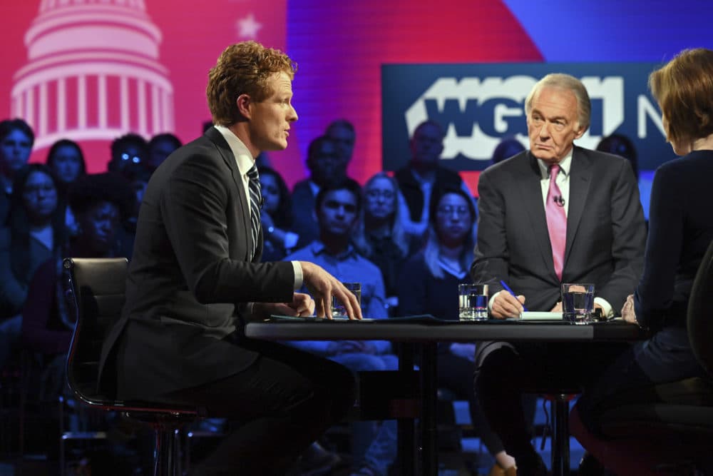 Rep. Joe Kennedy III and Sen. Ed Markey square off in the first Senate primary debate on Tuesday in Boston. (Meredith Nierman/WGBH via AP, Pool)