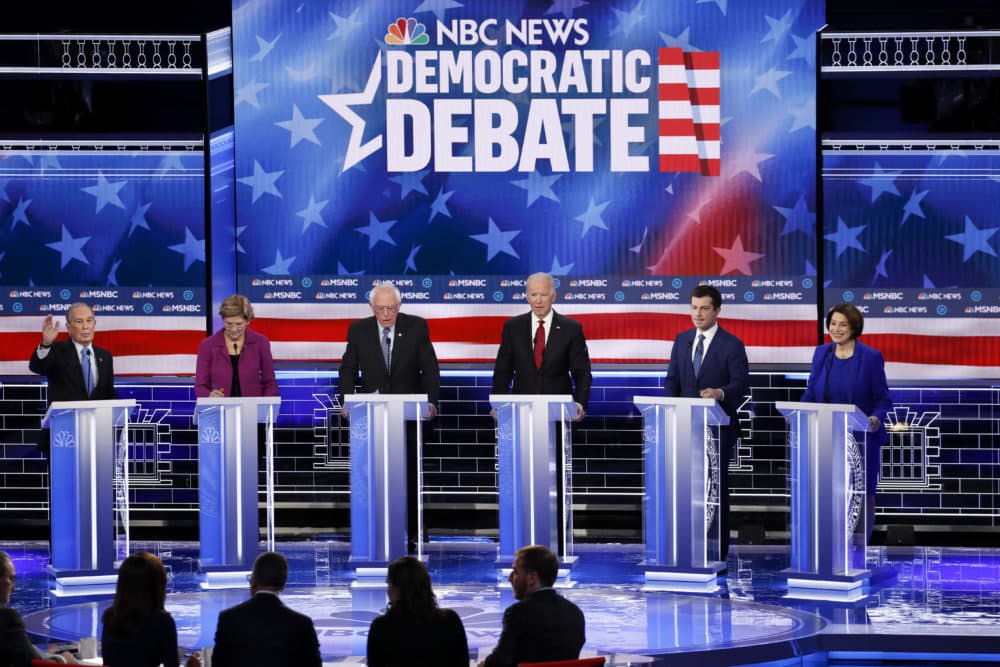 From left, Democratic presidential candidates, Mike Bloomberg, Elizabeth Warren, Bernie Sanders, Joe Biden, Pete Buttigieg and Amy Klobuchar participate in a Democratic presidential primary debate Feb. 19, 2020, in Las Vegas. (John Locher/AP)