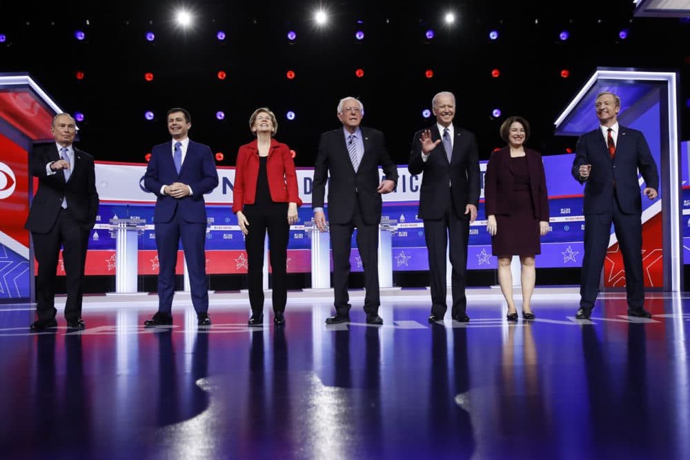 From left, Democratic presidential candidates, former New York City Mayor Mike Bloomberg, former South Bend Mayor Pete Buttigieg, Sen. Elizabeth Warren, D-Mass., Sen. Bernie Sanders, I-Vt., former Vice President Joe Biden, Sen. Amy Klobuchar, D-Minn., and businessman Tom Steyer stand on stage before a Democratic presidential primary debate, Tuesday, Feb. 25, 2020, in Charleston, S.C. (Matt Rourke/AP)