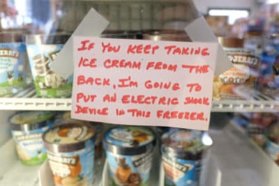 A handwritten sign on the freezer at the Canterbury Country Store. (Jill Ryan/Here & Now)