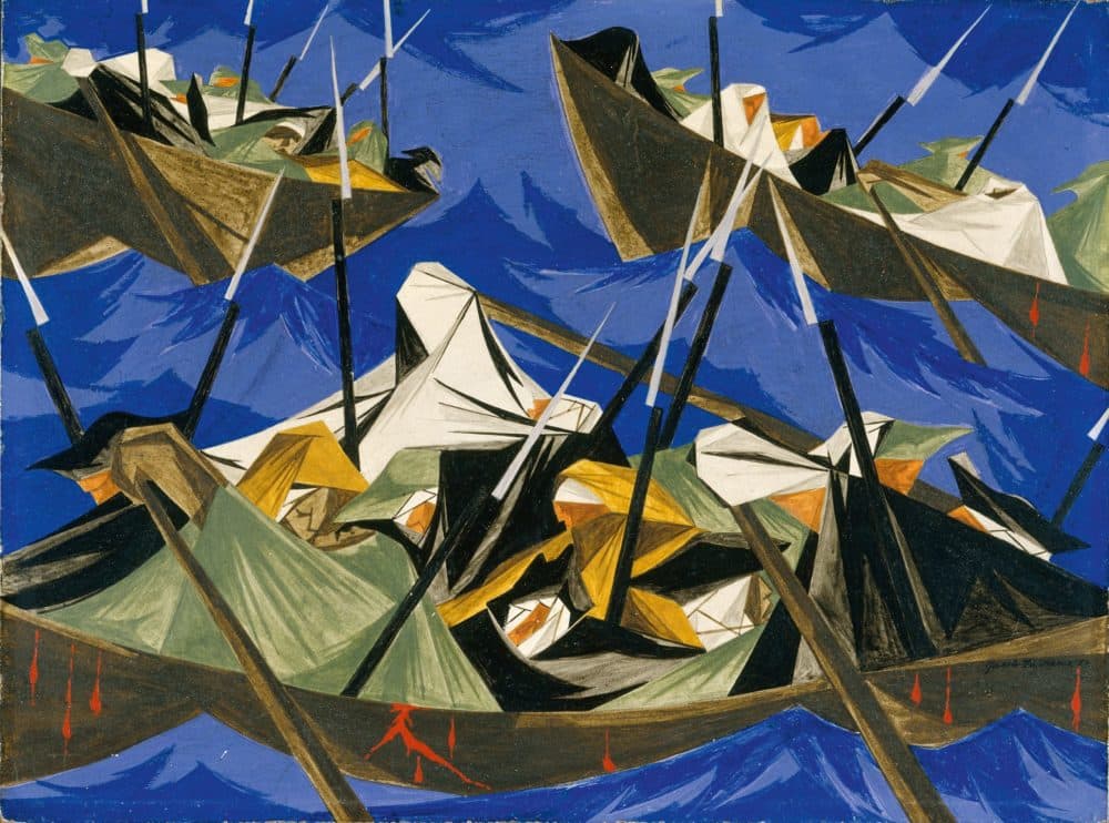 Jacob Lawrence, "We crossed the River at McKonkey’s Ferry 9 miles above Trenton . . . the night was excessively severe . . . which the men bore without the least murmur . . . —Tench Tilghman, 27 December 1776," Panel 10, 1954, from "Struggle: From the History of the American People." (Courtesy Peabody Essex Museum)