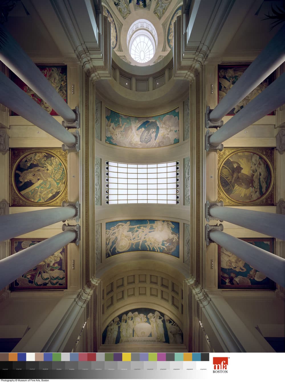The stairway and side aisles of the Museum of Fine Arts, Boston with murals by John Singer Sargent, 1922–1925. Sargent's painting of Atlas is on the right. (Courtesy Museum of Fine Arts, Boston.)