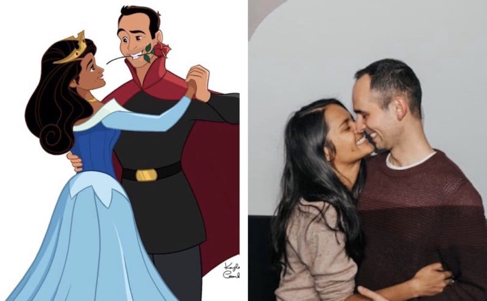 Left: An animated version of Sthuthi David and Lee Loechler, drawn by Kayla Coombs. Right: The actual Sthuthi David and Lee Loechler, just after getting engaged at the Coolidge Corner Theatre in Brookline, Mass. on December 30, 2019. (Courtesy Kayla Coombs and Jaclyn and Andrew Taylor)
