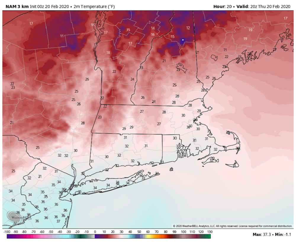 Temperatures today will be colder than average. (Courtesy WeatherBell)