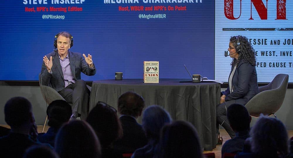 NPR host Steve Inskeep and On Point host Meghna Chakrabarti at On Point Live. (Robin Lubbock/WBUR)