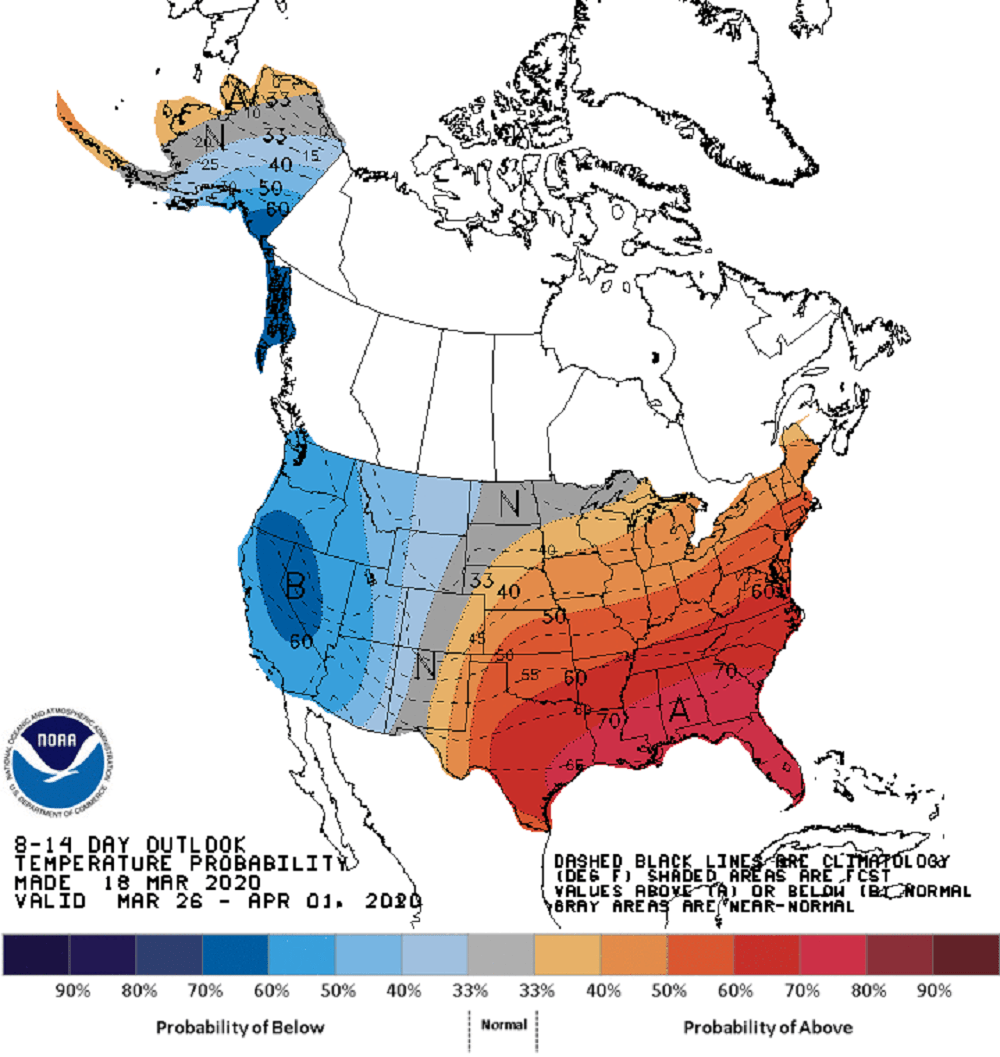After a chilly weekend, temperatures are expected to be mild again later next week. (Courtesy: NOAA)