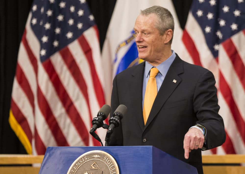 Gov. Charlie Baker holds a coronavirus update press conference in the Gardner Auditorium at the State House on March 26, 2020. (Blake Nissen for The Boston Globe)