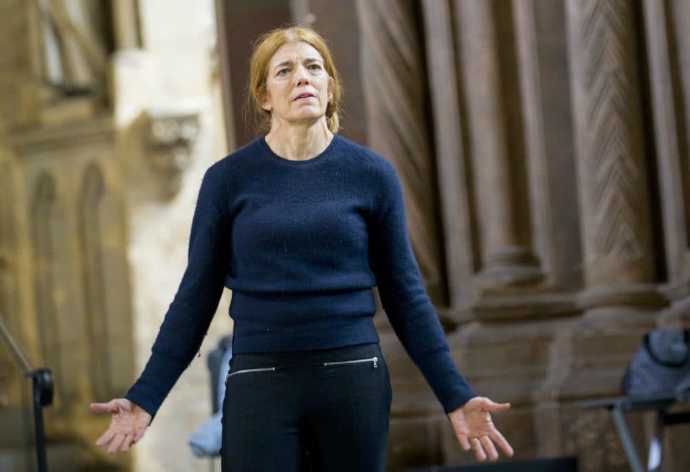The author rehearsing her one-woman play, "Regeneration," at Adolphus Busch Hall at Harvard University in April 2017. (Courtesy Rose Lincoln Photography)