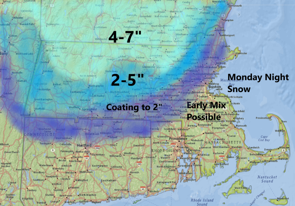 Rain and snow develop late this afternoon with a change to rain quickly at the coastline while snow falls heavy at times well-inland tonight. (Dave Epstein/WBUR)