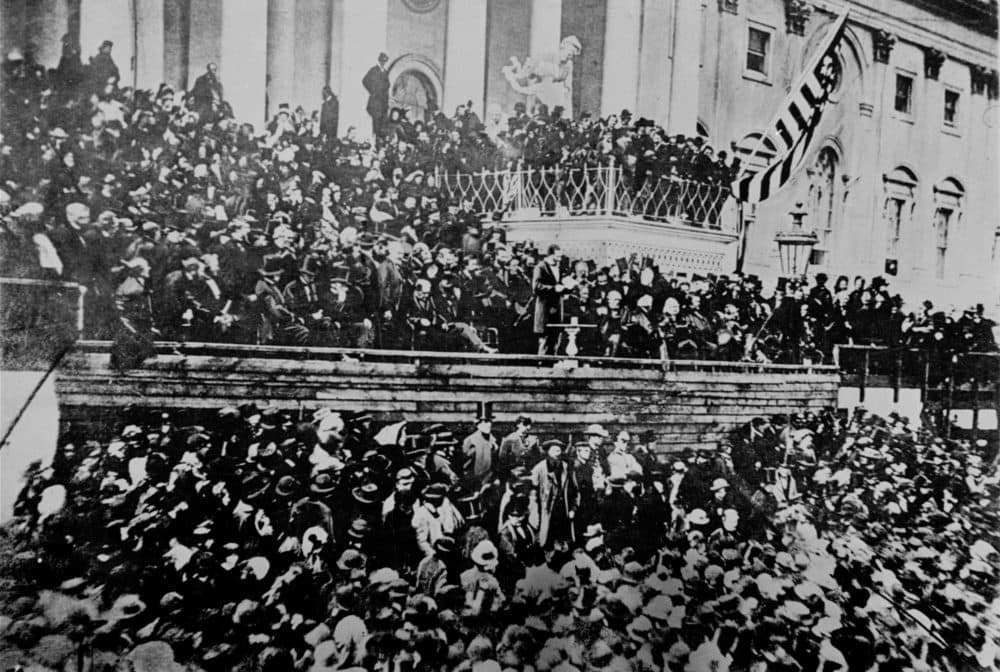 A scene in front of the East front of the U.S. Capitol is seen during President Abraham Lincoln's second inauguration, 1865, just six weeks before his assassination.  (AP Photo/File)