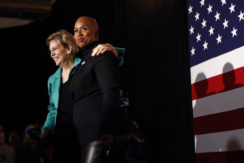 Warren stands onstage with Rep. Ayanna Pressley before speaking at a campaign event in South Carolina. (Patrick Semansky/AP)