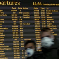 People walk by a departures monitor at the Rome Leonardo da Vinci international airport, Thursday, March 12, 2020. (Andrew Medichini/AP Photo)