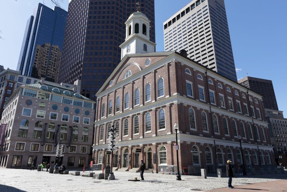 The plaza is empty in front of Faneuil Hall in Boston on Saturday, March, 14, 2020 after Gov. Charlie Baker issued an emergency order banning most gatherings of more than 250 people to help prevent the spread of COVID-19 coronavirus. (Michael Dwyer/AP)