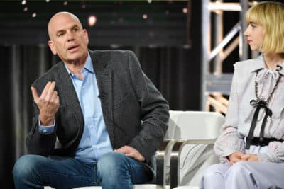 David Simon and Zoe Kazan of "The Plot Against America" speak during the HBO segment of the 2020 Winter TCA Press Tour at The Langham Huntington, Pasadena on January 15, 2020 in Pasadena, California. (Amy Sussman/Getty Images)