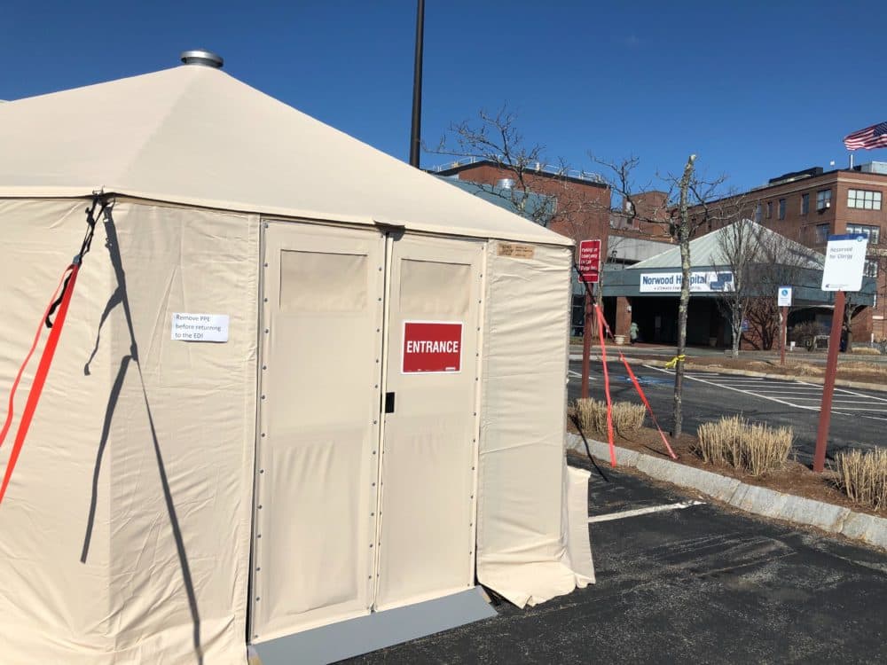 Norwood Hospital set up a medical tent outside of the emergency room set up a tent to test for the coronavirus. (Meagan McGinnes/WBUR)